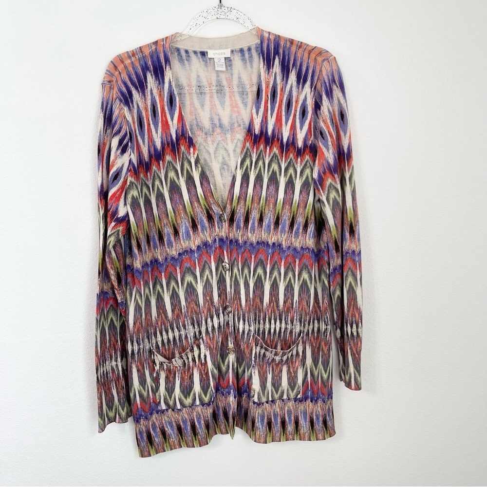 Chico’s cotton blend ikat tie dye printed longline buttoned cardigan Size 2 L